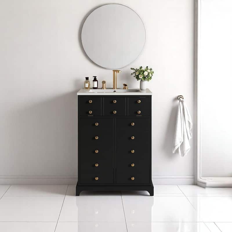 24 Inch Bathroom Vanity with Sink, Single Basin Cabinet with Drawer and Doors, White Finish for Small Bathrooms - Black