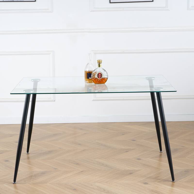 Modern Kitchen Glass Dining Table with Tempered Glass Table top,Metal Legs