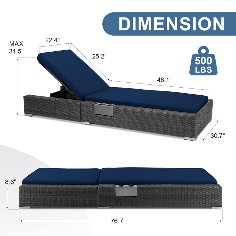 FINCATI Outdoor Oversized Chaise Lounge Chair, 500 lbs Luxury Patio Adjustable 5-Position Wicker Lounger for Pool (Set of 2)