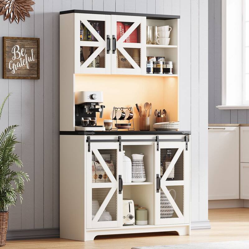 Meyreso 72" Tall Farmhouse Kitchen Storage Cabinet with Hutch Microwave Stand - White - No Drawers