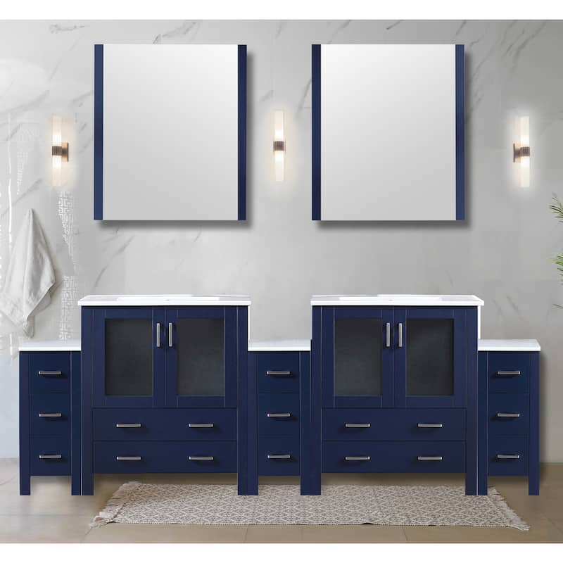 Volez Double Bath Vanity with Side Cabinets, White Ceramic Top and Mirrors