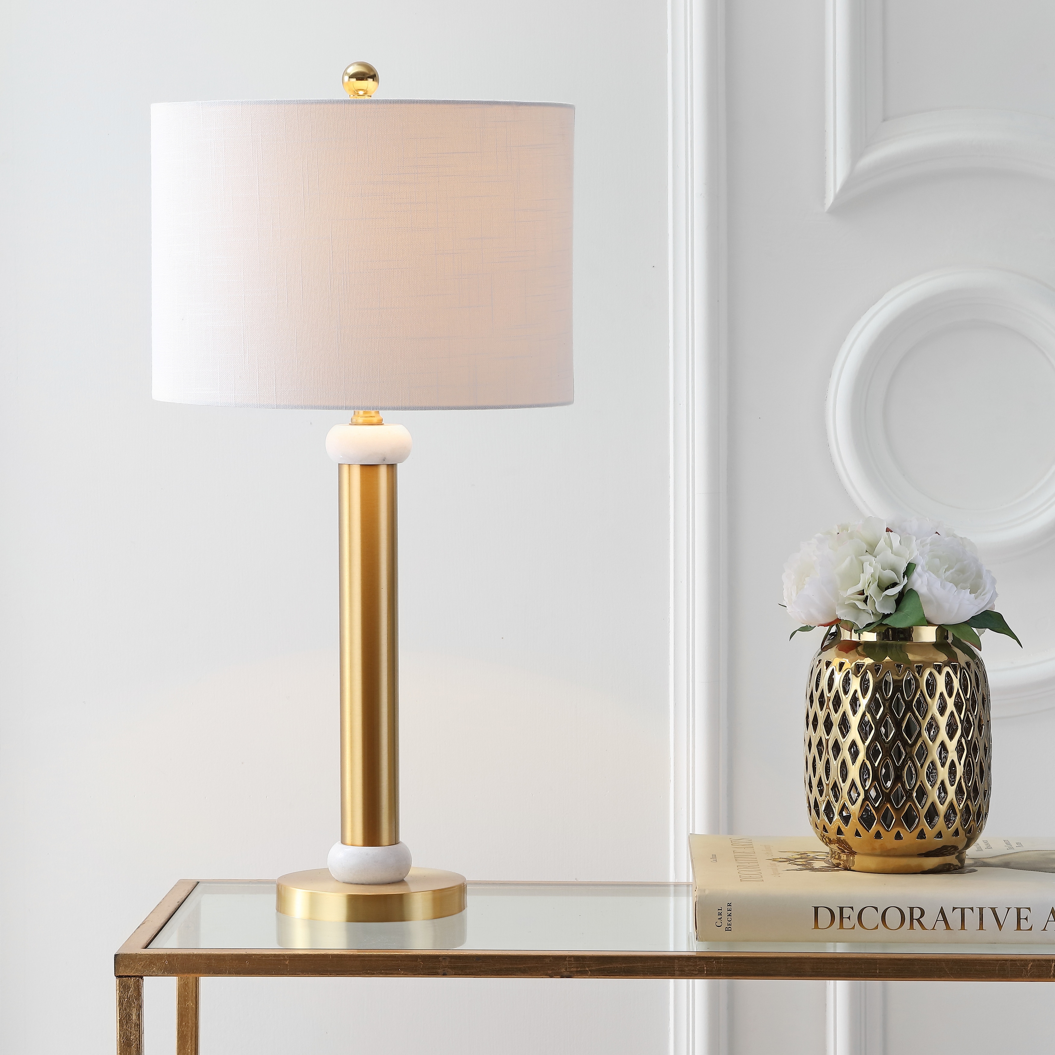 JONATHAN Y Treat 27" Metal/Marble LED Table Lamp, Gold/White