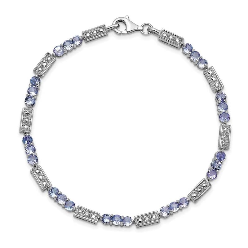 Curata 925 Sterling Silver Rhodium Vintage Aquamarine, Tanzanite or Sapphire and Diamond Bracelet - Tanzanite - White
