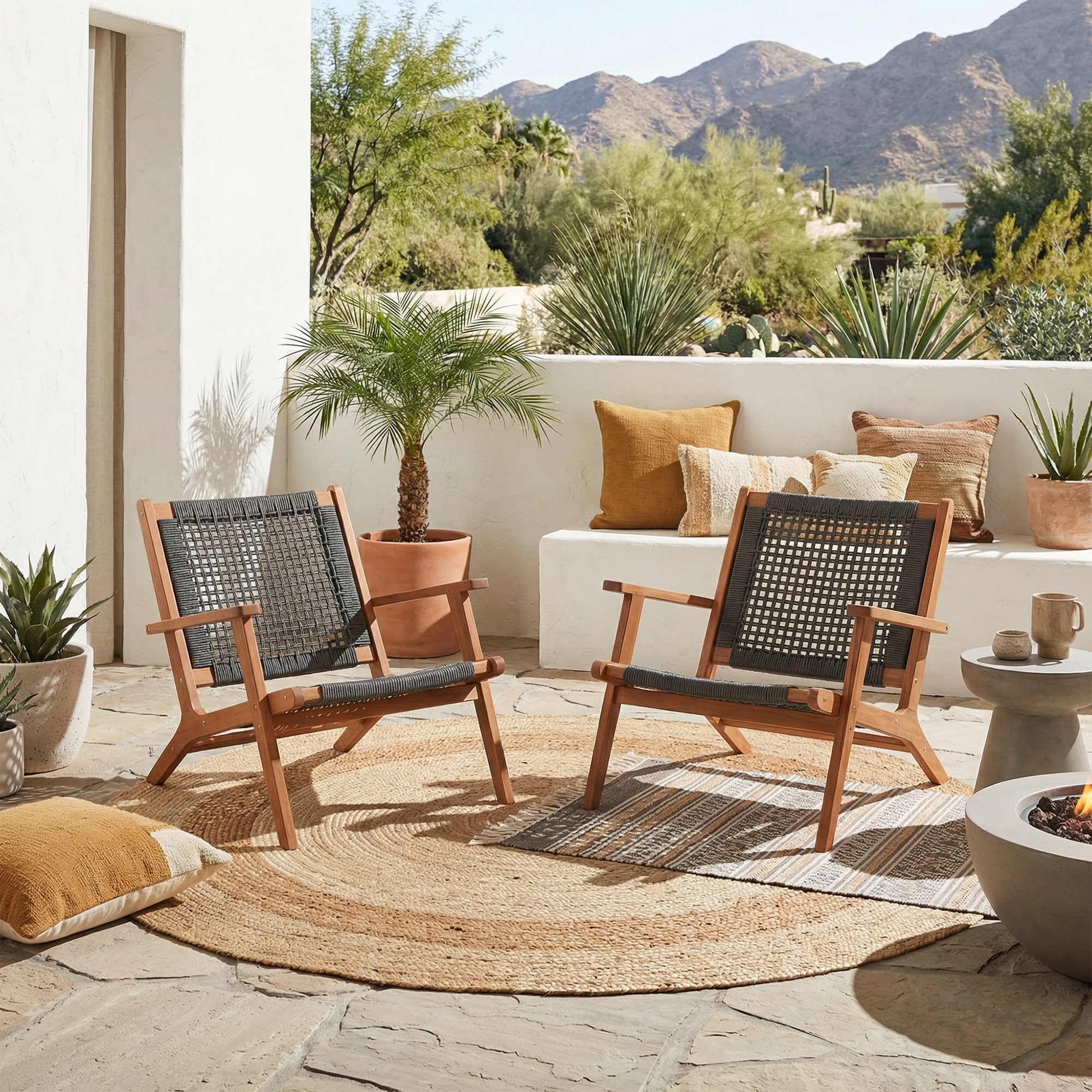 Outdoor Acacia Wood Chair Rope Woven Patio Club Chair Set of 2
