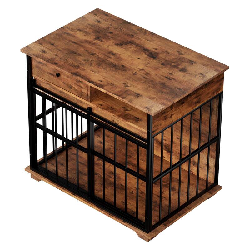 Dog Crate Furniture with Drawer & Sliding Door, Decorative Pet Kennel End Table for Medium Dogs, Wooden Dog Crate with Tray - Walnut+black