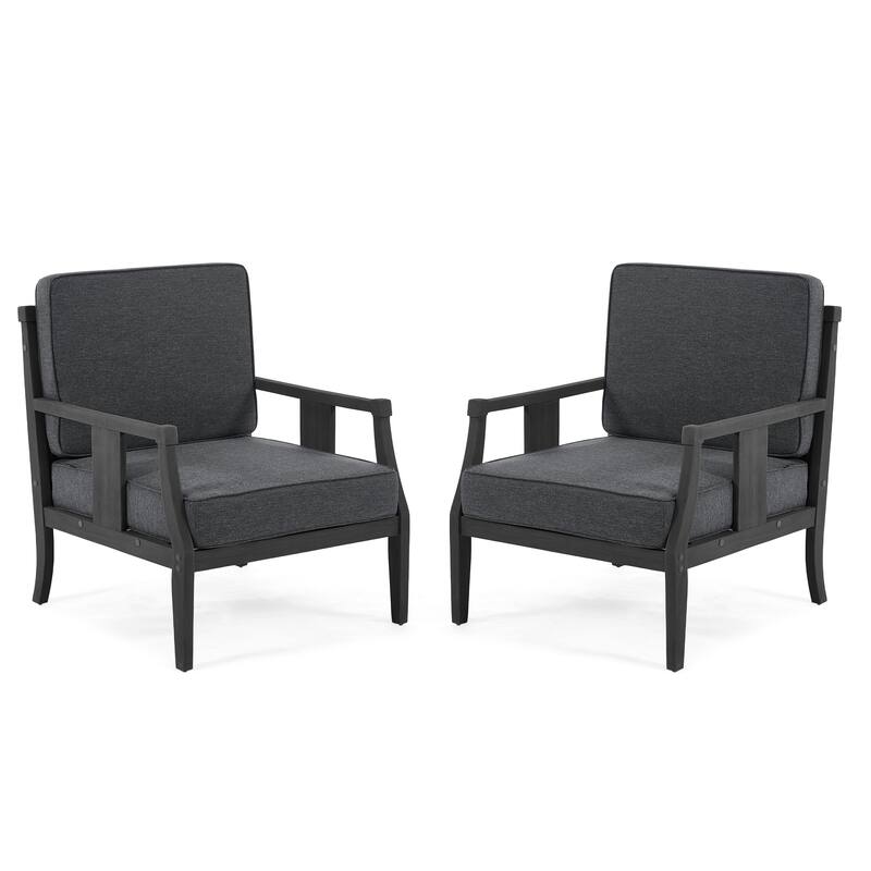 Set of 2 Outdoor Teak Wood Armchairs with Cushions, Patio Club Chairs