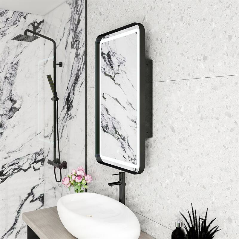 Rectangle Wall Mounted Medicine Cabinet Mirror with Storage and LDE - Black