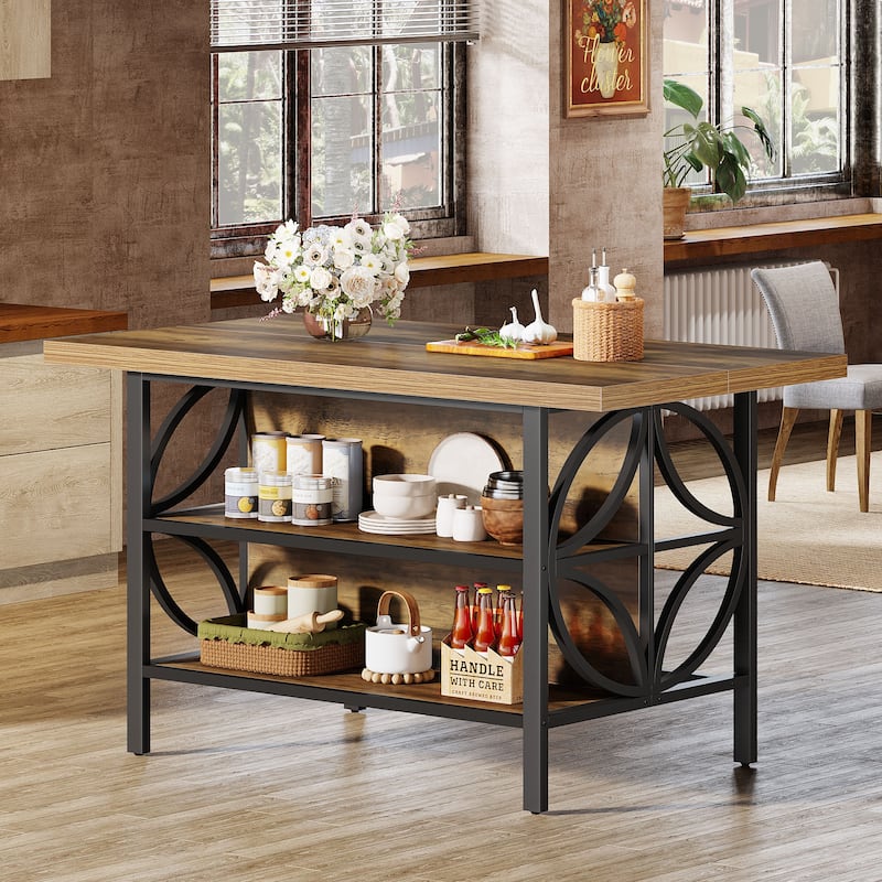 63'' Kitchen Island with Storage, Industrial Bar Table with 2 Shelves
