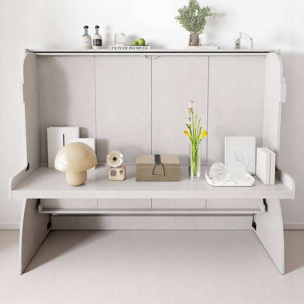 Antique White Full Murphy Bed with Built-in Desk and 3 Storage Cabinets, Pine Wood & MDF Fold Out Bed