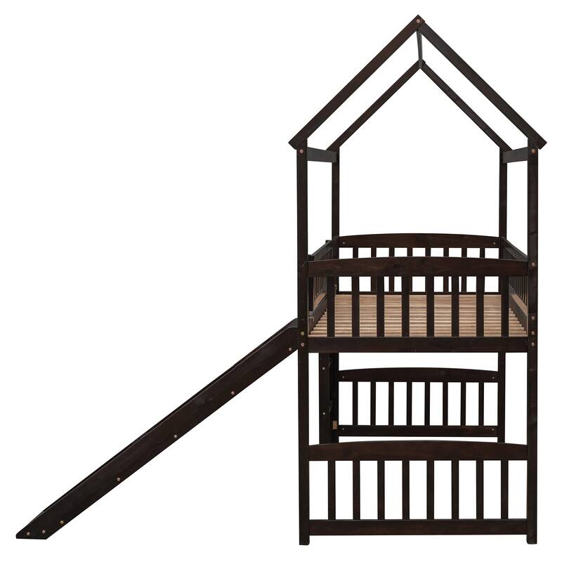Twin Loft Bed with Slide, House Bed, Espresso Finish, Space-Saving Design