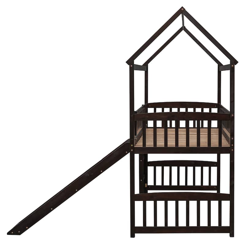 Twin Loft Bed with Slide, House Bed with Slide,Espresso