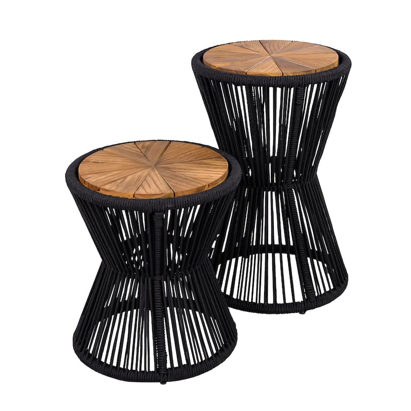 Scott Living - Nara Modern Outdoor Acacia Wood and Woven Rope Sculptural Side Table, Set of 2 - 32.28"L