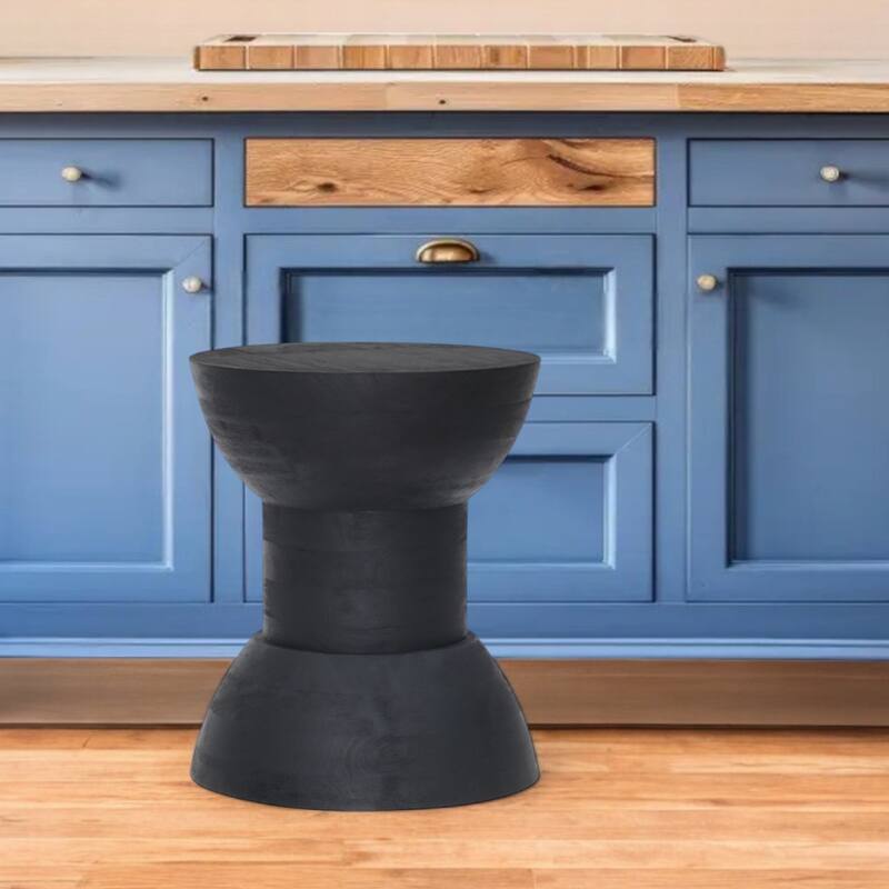 Modern Black Round Bar Stool 19-Inch Solid Wood Backless Chair with Pedestal Base for Dining - 18.5”H x 12.8”W x 12.8”D