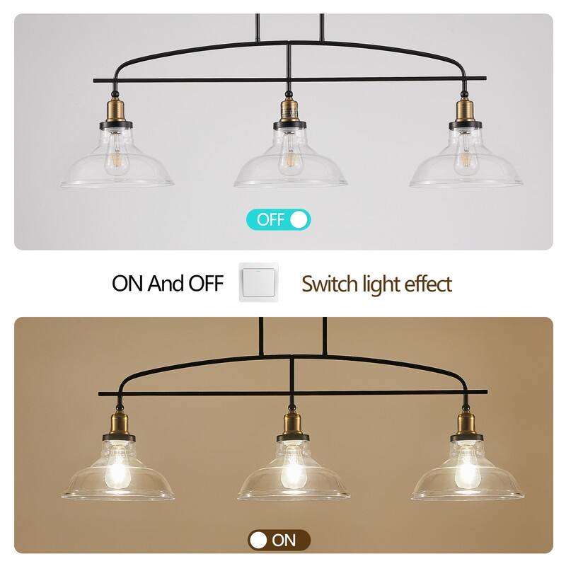 45" Industrial 3-Light Pendant‌ – Adjustable Black Metal Chandelier With Clear Glass Shades(Bulb Not Included) .