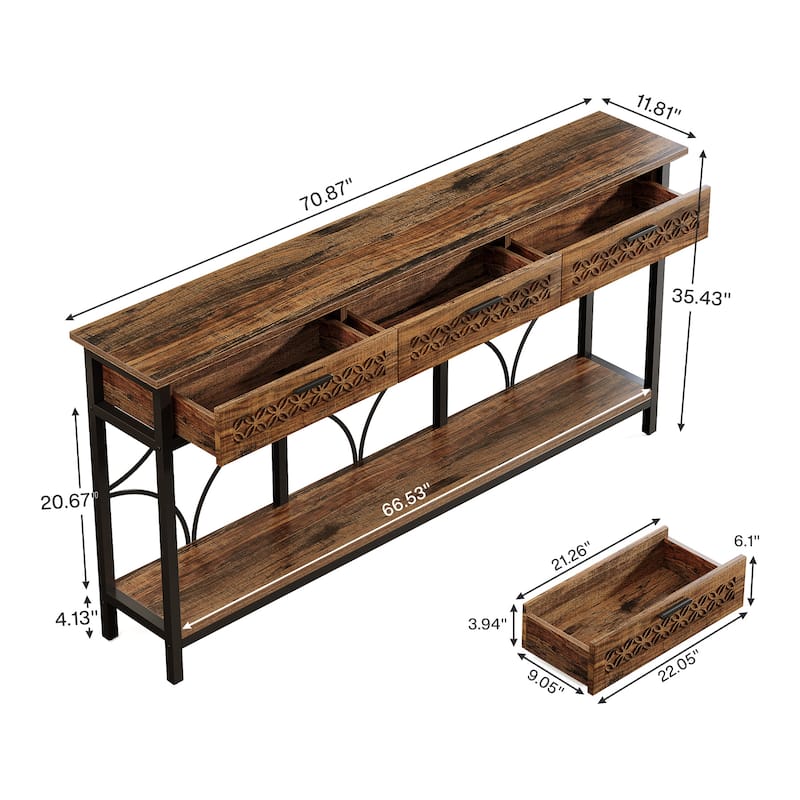 70.9 Inches Wooden Sofa Console Table with 3 Drawers and Storage Shelf - 11.8"D x 70.8"W x 35.4"H
