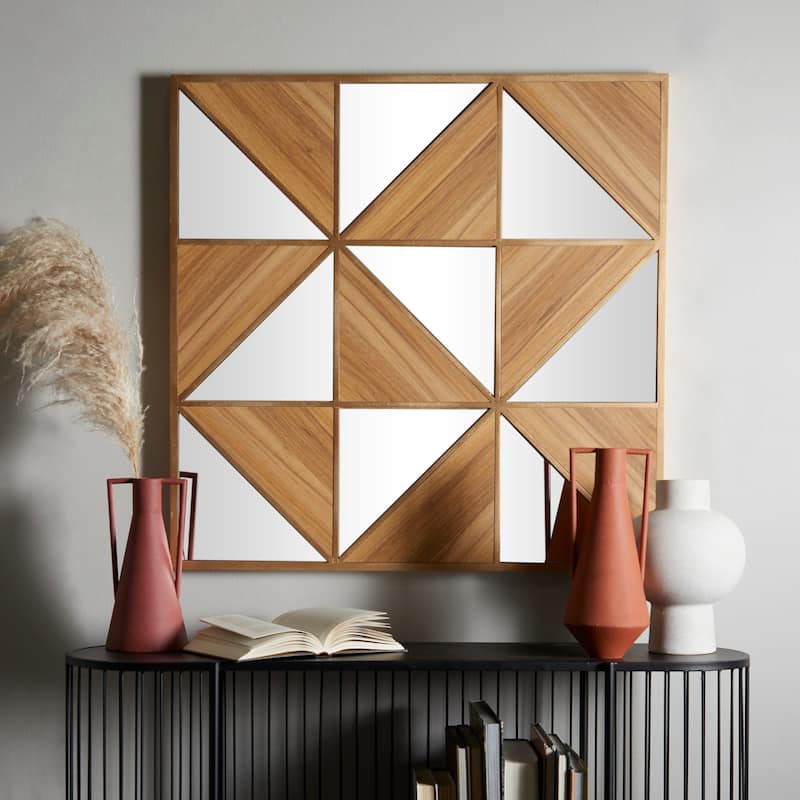 Light Brown Wood Triangle Mirrored Geometric Wall Decor - Light Brown - 36"W, 36"H
