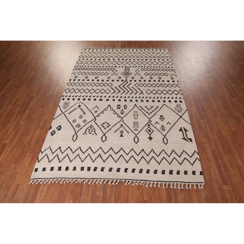 Ivory Trellis Moroccan Area Rug Hand-Knotted Wool Carpet - 7'0"x 10'4"