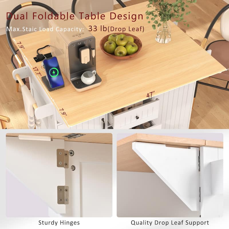55.7''Kitchen Island,2 Drop Leaf,Rolling Kitchen Cart on 5 Wheels,Power Outlet,Folding Dining Table,Spice & Towel Rack,3 Drawers