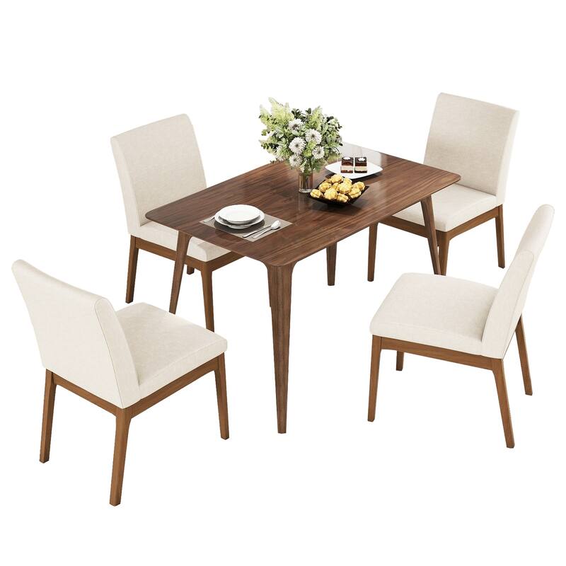 Roomfitters 5-Piece Mid-Century Dining Set, Rectangular Table with Thick Cushioned Upholstered Chairs, Walnut & Light Beige