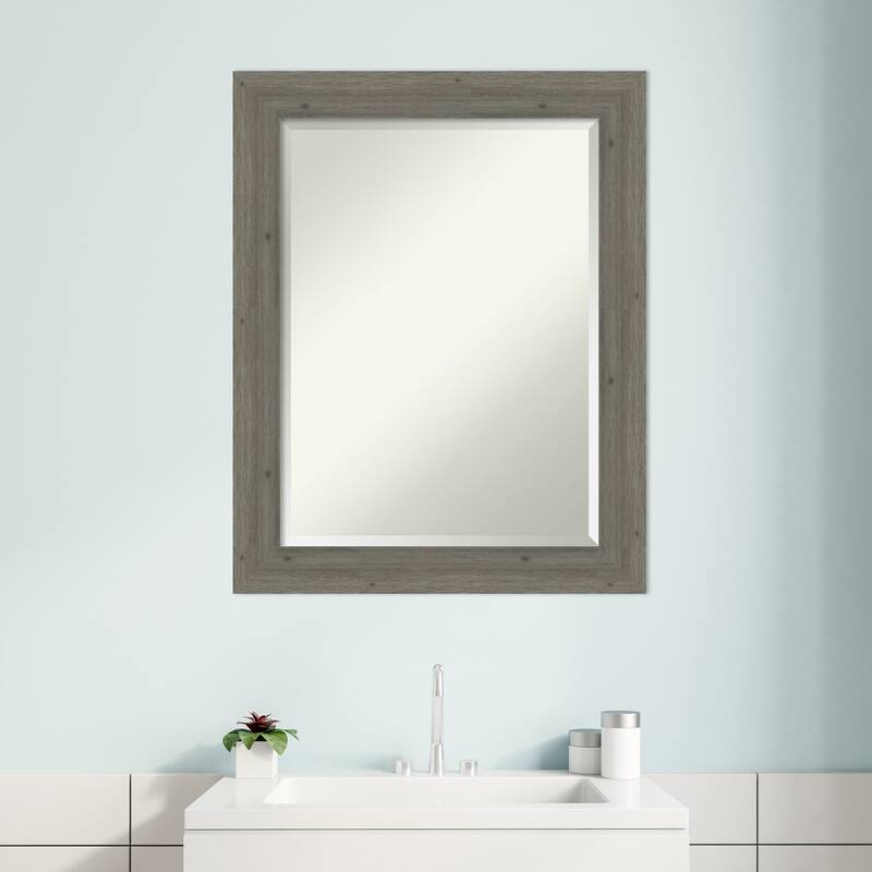 Beveled Wood Bathroom Wall Mirror - Fencepost Grey Narrow Frame