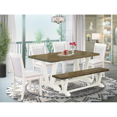 HomeStock 6-Piece Rectangle Wire Brushed Linen White Finish Solid Wood Top Dining Table with 1-Bench, 4-Chairs