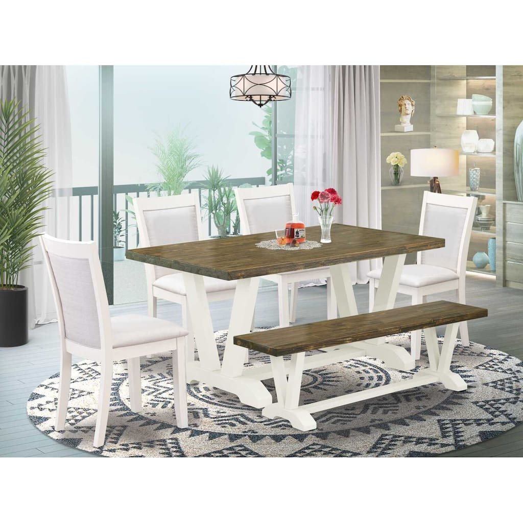 HomeStock 6-Piece Rectangle Wire Brushed Linen White Finish Solid Wood Top Dining Table with 1-Bench, 4-Chairs