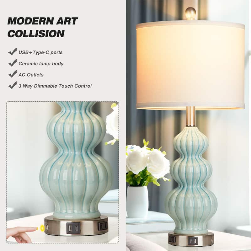 Table Lamps Ceramic Cyan Drum Shade USB Charging Port AC Outlet Touch Switch (Set of 2) - 12'' x 12'' x 25'' (L x W x H)