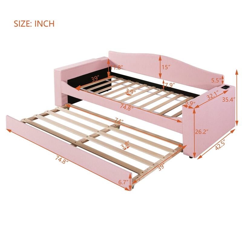 Twin Size Upholstered Daybed with Storage Armrests