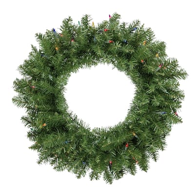 Pre-Lit Rockwood Pine Artificial Christmas Wreath 24-Inch Multi Lights - 24"
