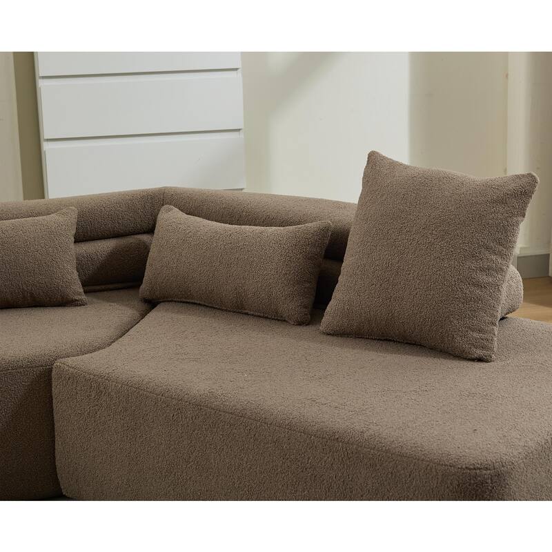128" Polyester Modular 4-Seater Sectional Sofa with Boucle Teddy Fabric, Pocket Spring Support, and No Assembly Required