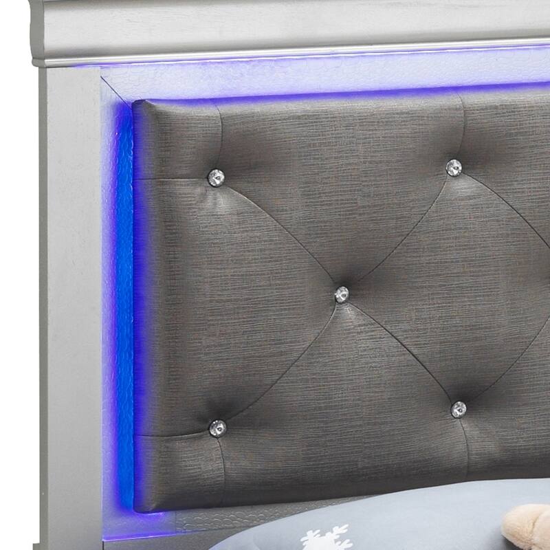 Twin Size Wood Platform Bed with LED Headboard and Textured Croc Design