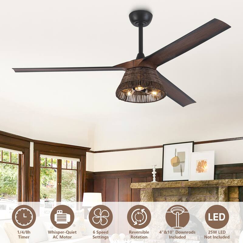 60" Natural Rattan Brown Ceiling Fan with Light Kit and Remote Control - 60 in. D x 60 in. W x 15.7 in. H