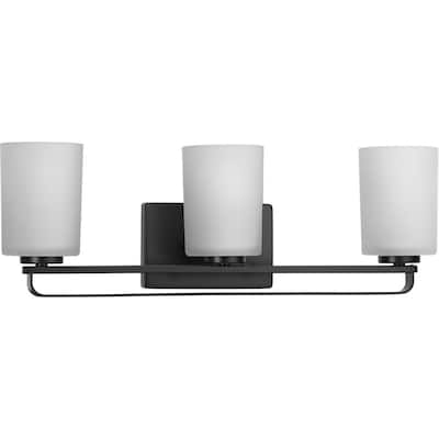 League Collection Three-Light Matte Black and Etched Glass Modern Farmhouse Bath Vanity Light - 23 in x 5.5 in x 7.62 in