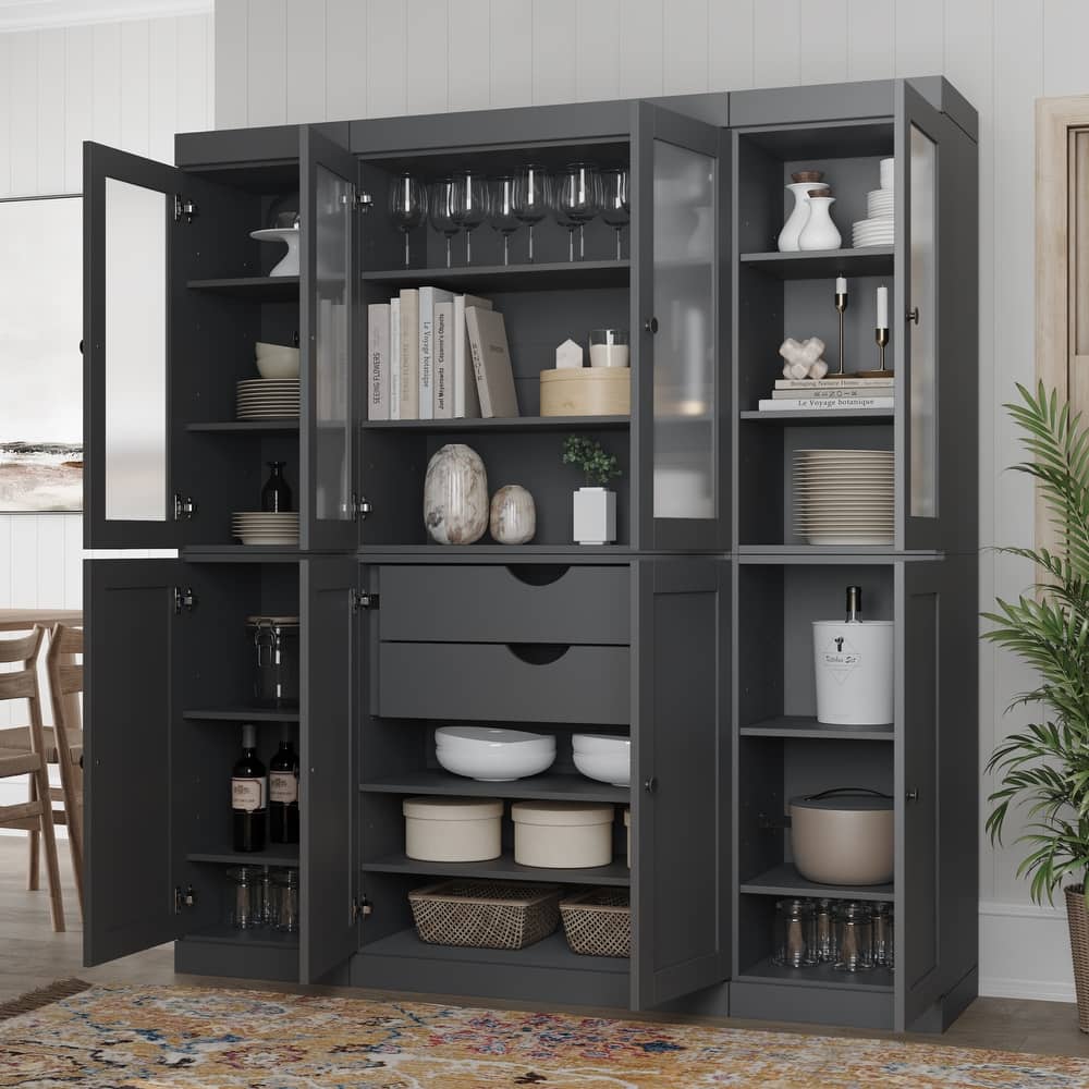 Palace Imports 100% Solid Wood 65" Pantry Cabinet with Frosted Glass, Shaker Doors, 2-Drawers and Adjustable Shelves