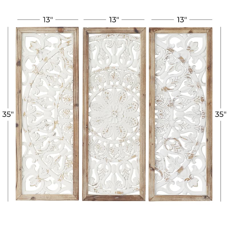 Wood Floral Intricately Carved Home Wall Decor with Mandala Design - Set of 3 White - Roche River Decor