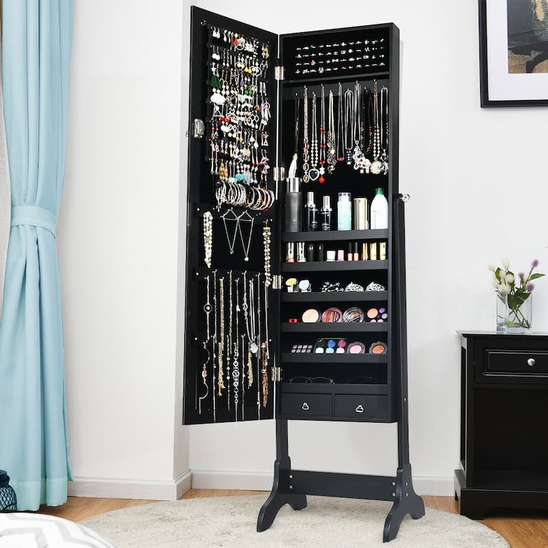 Costway Mirrored Jewelry Cabinet Storage Organizer Box Drawers Black