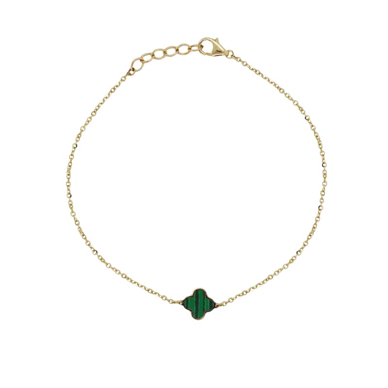 Italian Gold 14K Yellow Gold Single Clover Bracelet - Made in Italy 10mm Clover Size 1.60 grams - Malachite