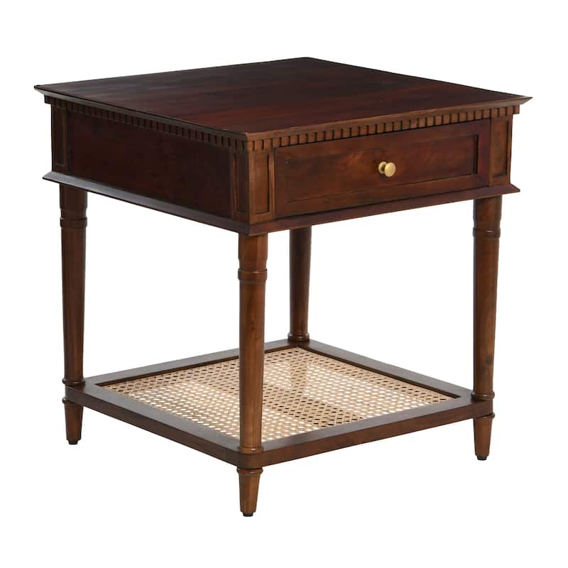 Maxwelton Acacia Wood and Cane Bed Side Table - Dark Chestnut and Natural