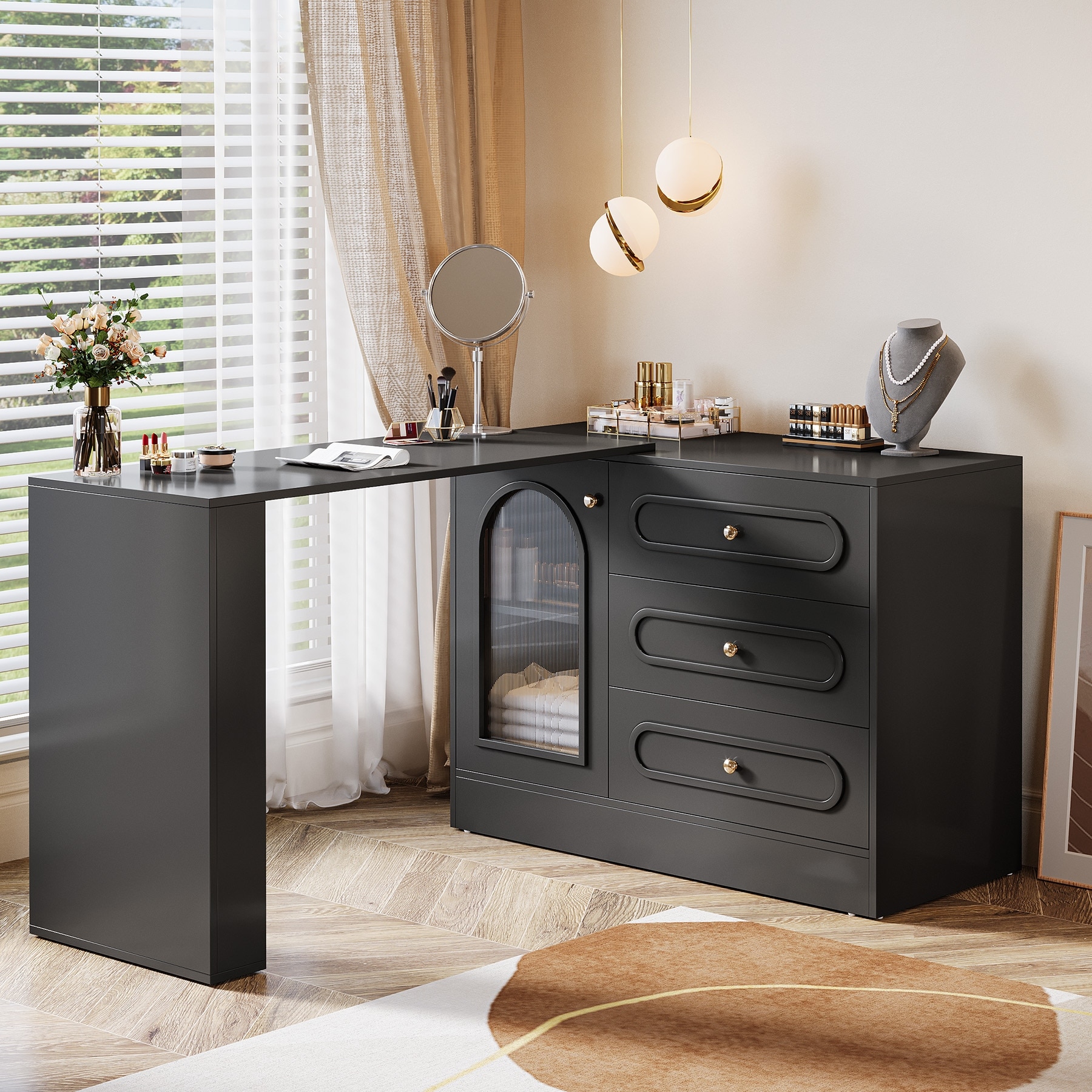 modern vanity dresser Snhomee Desk with Mirror&Lights, Makeup Vanity with 5 Fabric Dr snhomee and cool light 26.4" Small Makeup Vanity Set