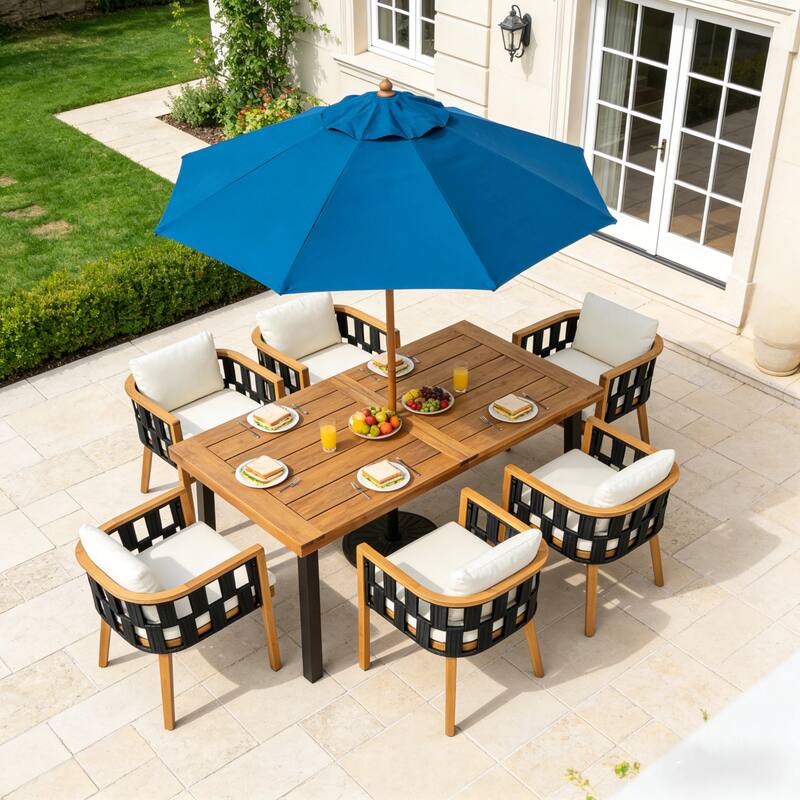 Christopher Knight Home - Della Modern Coastal Outdoor & Indoor Acacia Wood and Rope Dining Set with Cushions & Flat Rope