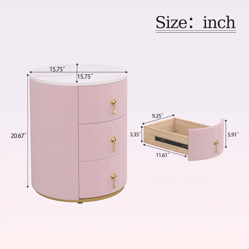 Elegant Upholstered Nightstand with 3 Drawers,Metal Handles,Marbling Sticker Top for Bedrooms