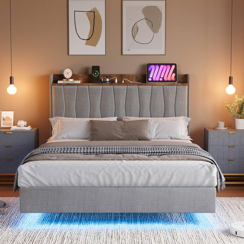 Full/Queen/King Floating Bed Frame with LED Lights & Charging Station, Upholstered Platform Bed with Storage Headboard