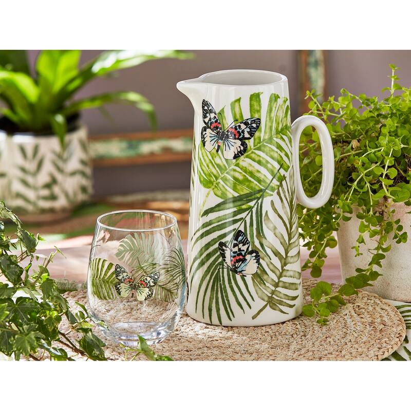 Palm + Butterfly Printed Glazed Stoneware Water Beverage Pitcher, 54 oz
