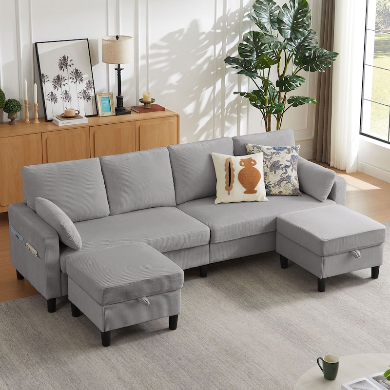 101'' Corduroy Upholstered Sectional Sofa With Storage Ottoman
