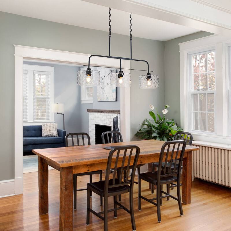Modern 3-Light Black Pendant Light with Water Ripple Glass Shades for Dining and Living Room