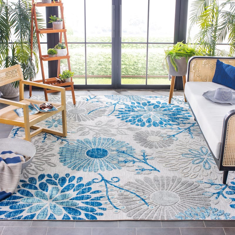 SAFAVIEH Cabana Lilah Indoor/ Outdoor Waterproof Patio Floral Rug - 8' Square - Grey/Blue