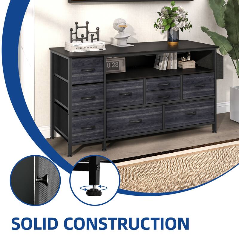Moasis 50"W 9-drawer Fabric Dresser, Media Console, TV Stand with Outlets, RGB Lights