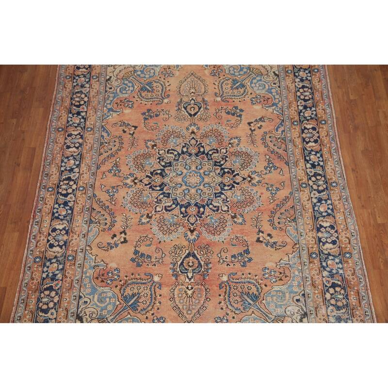 Hand Knotted Oriental 100% Wool Carpet Traditional Floral Oranges & Rust Mashad Area Rug - 9' 7'' X 6' 6''