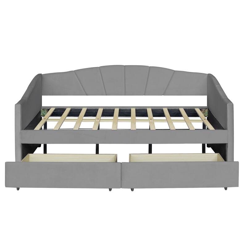Twin Size Daybed Frame Rays Pattern Design Velvet Upholstered Daybed with 2 Drawers or Trundle, Wood Slat Support