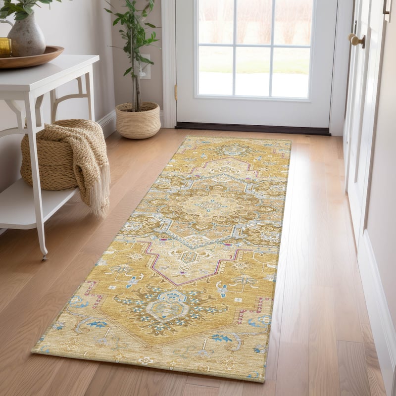 Machine Washable Indoor/ Outdoor Persian Traditional Chantille Rug - Gold - 2'3" x 7'6"